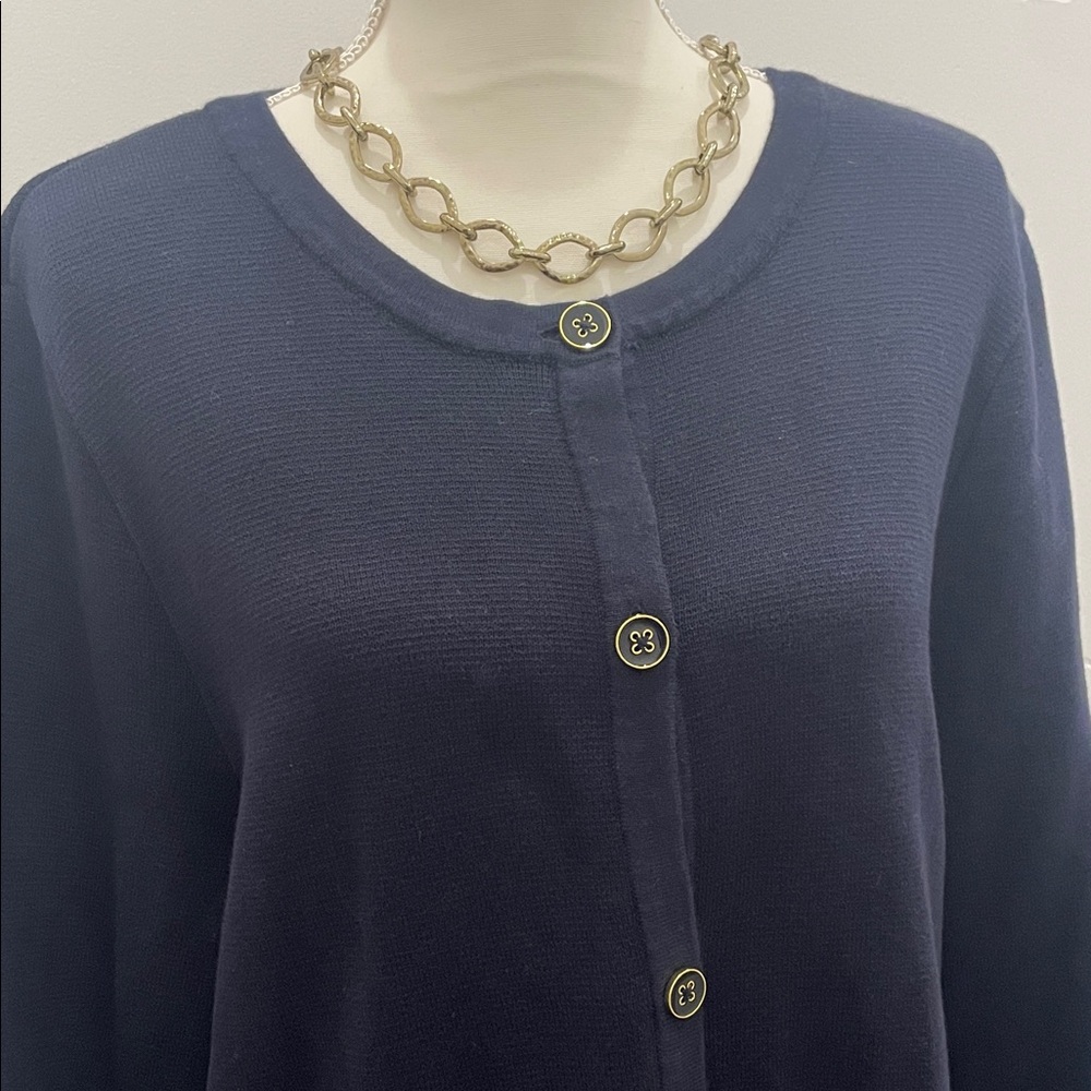 Charter Club Navy Blue Long Knit Cardigan w/Goldtone Blue Enamel Buttons